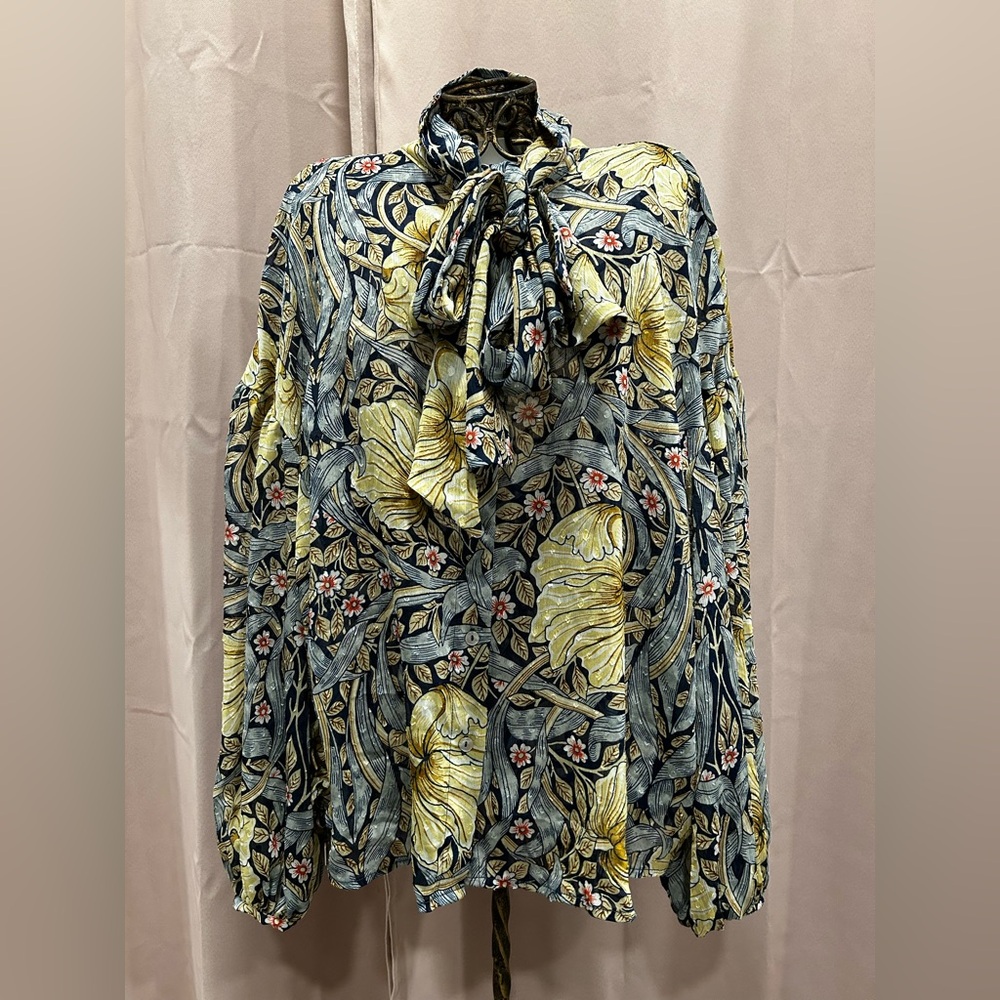 William Morris Co X H&M Floral Shirt Top Blouse Tie Bow Long sleeve
